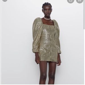 Zara Gold Sequin Zipper Mini Dress NWT puff sleeves